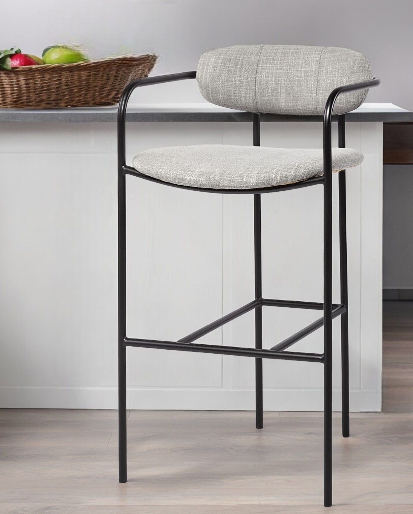 29" Gray and Black Fabric and Steel Bar Chair