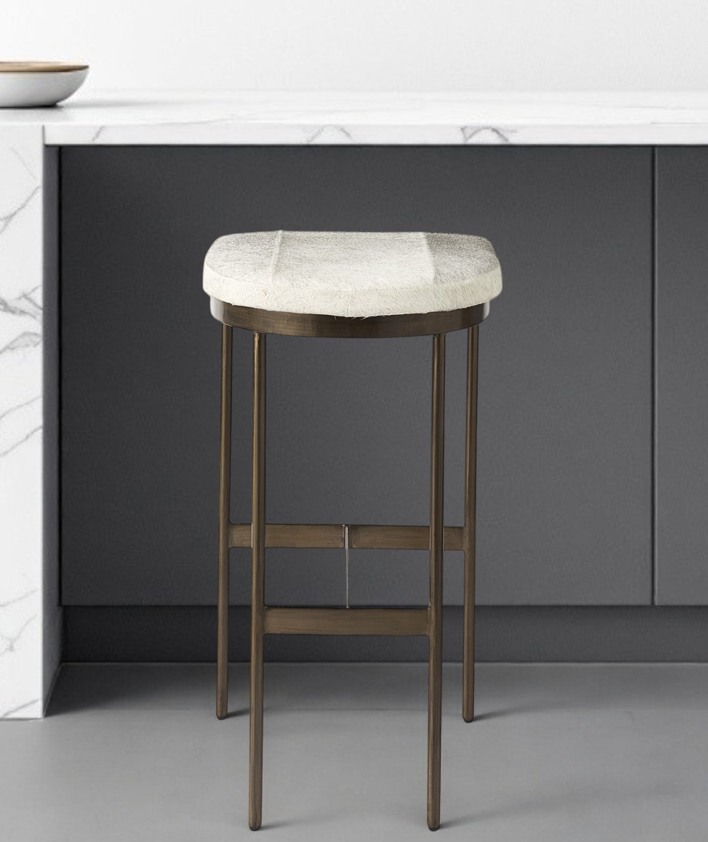 35" Gold Leather and Metal Backless Bar Chair