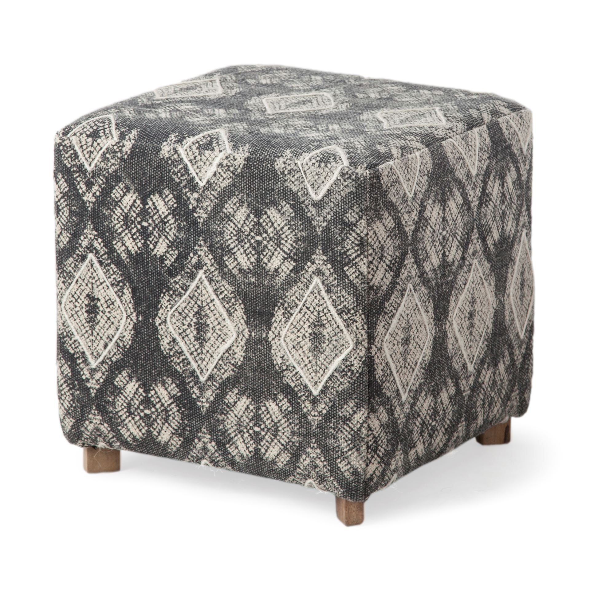 19" Gray Cotton and Brown Cube Ottoman