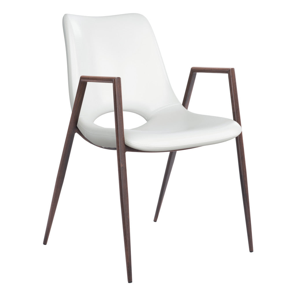 Set of Two White and Brown Upholstered Faux Leather Open Back Dining Arm Chairs