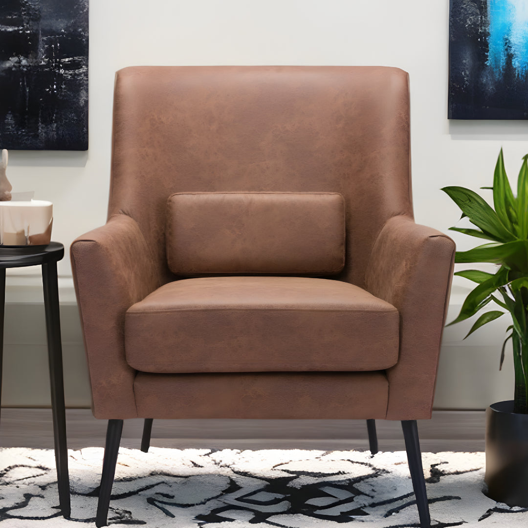 29" Brown And Black Faux Leather And Upholstered Arm Chair And Toss Pillow