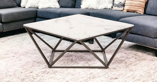 36" White and Antiqued Brass Faux Marble And Steel Square Abstract Coffee Table