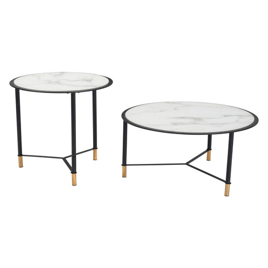 Set of Two White and Black Faux Marble And Glass And Steel Round Bunching Coffee Tables
