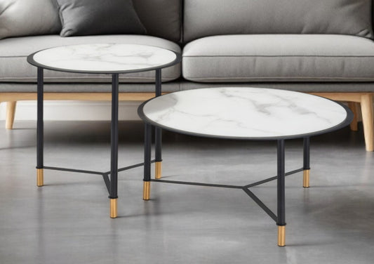 Set of Two White and Black Faux Marble And Glass And Steel Round Bunching Coffee Tables