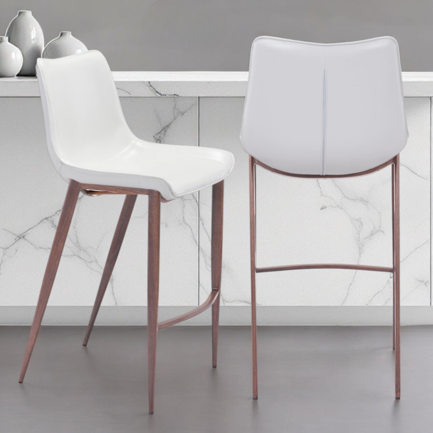 Set of Two 30" White And Brown Steel Low Back Bar Height Bar Chairs