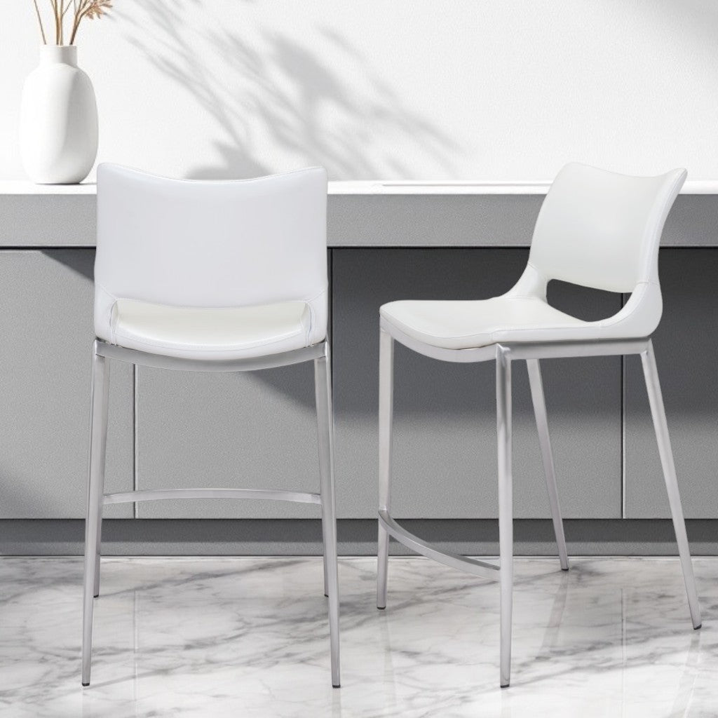 Set of Two 25" White And Silver Steel Low Back Counter Height Bar Chairs