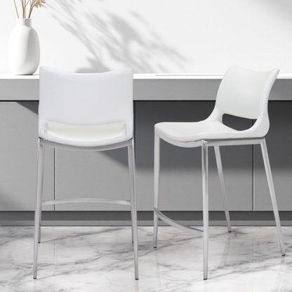 Set of Two 25" White And Silver Steel Low Back Counter Height Bar Chairs
