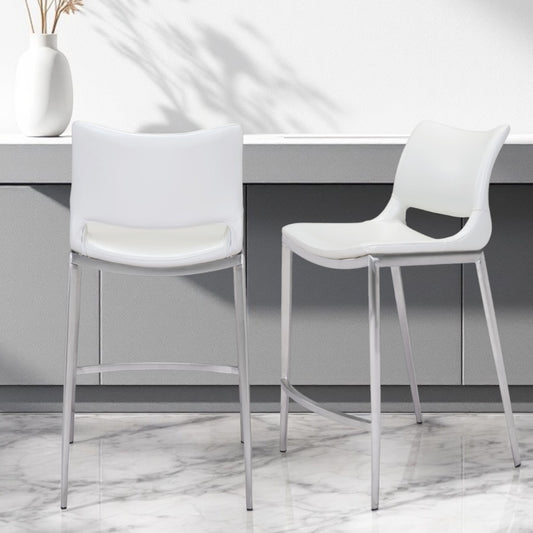 Set of Two 25" White And Silver Steel Low Back Counter Height Bar Chairs