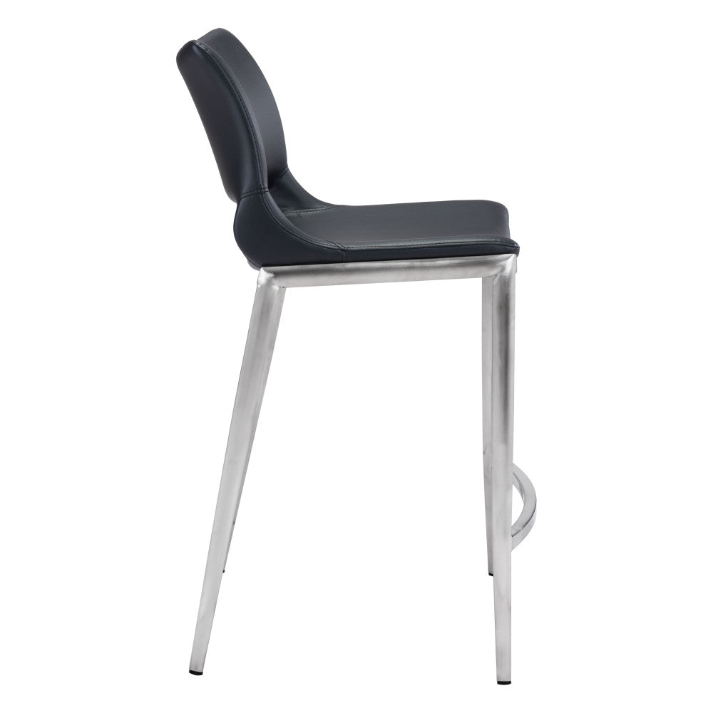 Set of Two 25" Black And Silver Faux Leather And Steel Low Back Counter Height Bar Chairs