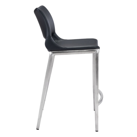 Set of Two 25" Black And Silver Faux Leather And Steel Low Back Counter Height Bar Chairs
