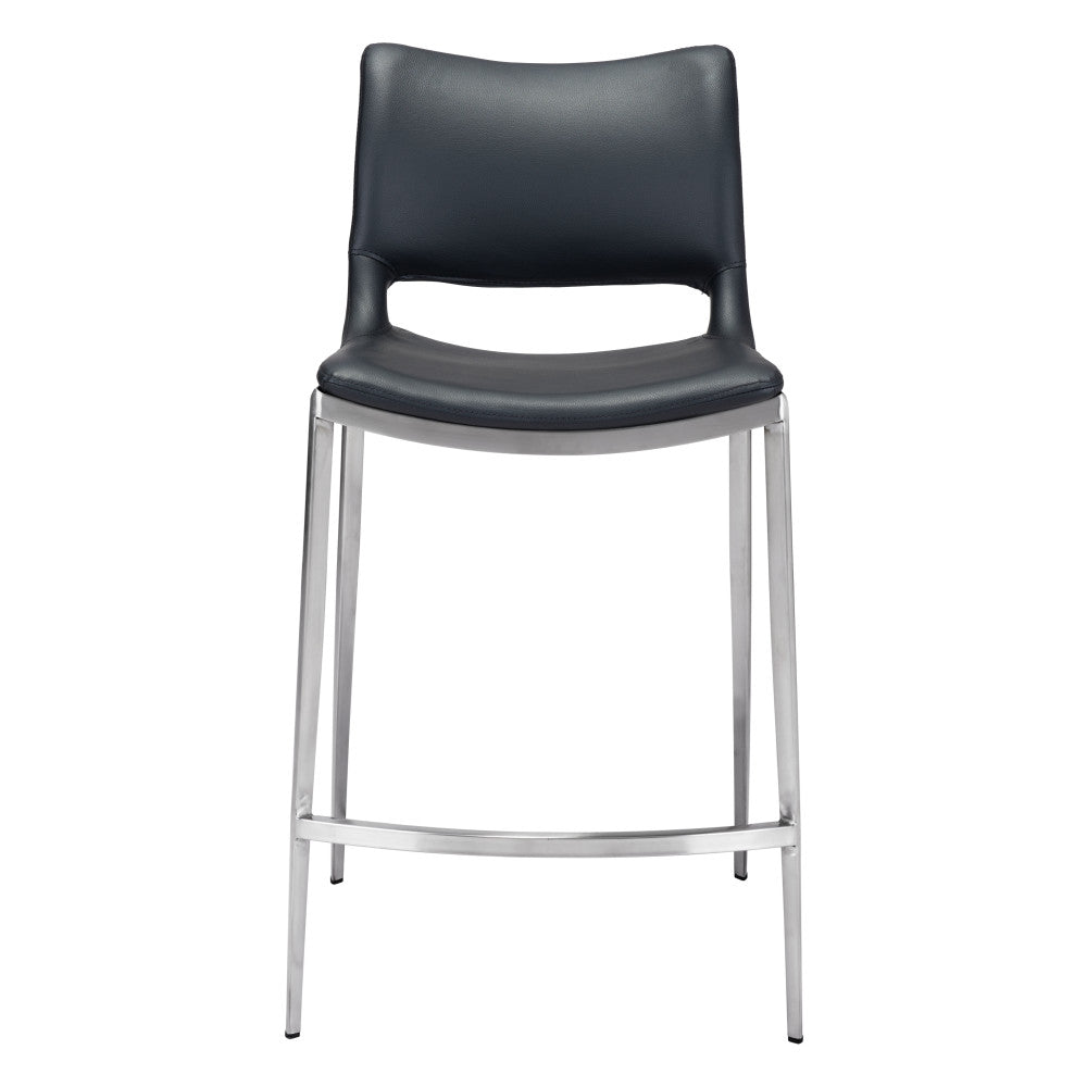 Set of Two 25" Black And Silver Faux Leather And Steel Low Back Counter Height Bar Chairs