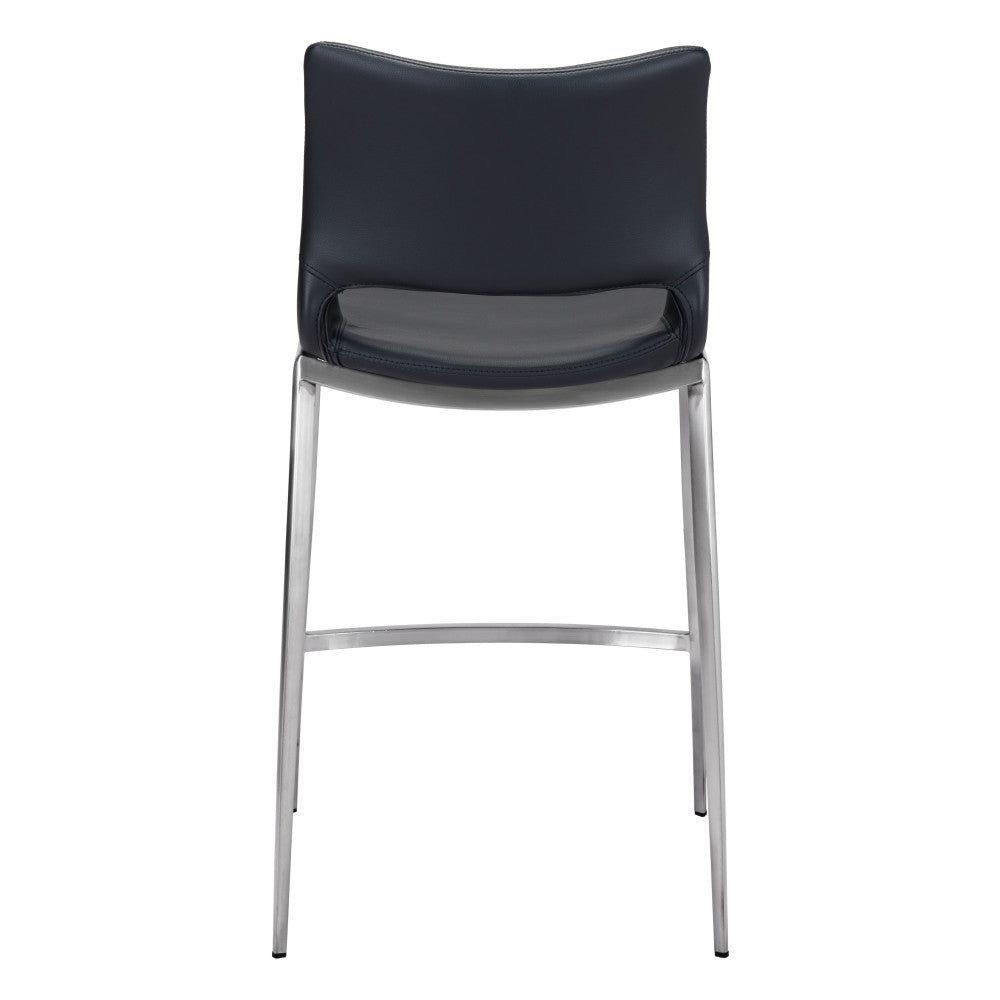 Set of Two 25" Black And Silver Faux Leather And Steel Low Back Counter Height Bar Chairs