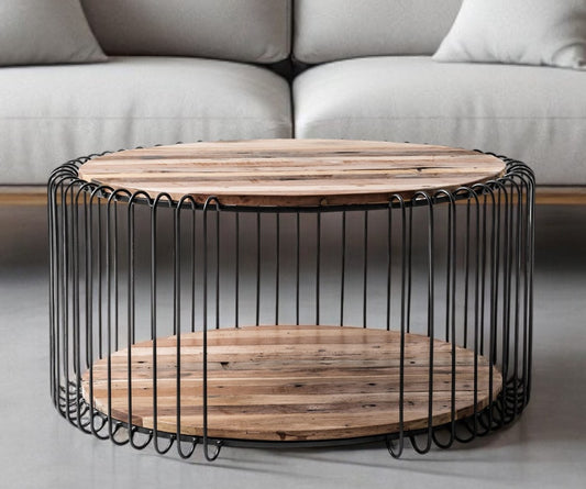 32" Natural And Black Solid Wood And Steel Round Coffee Table With Shelf
