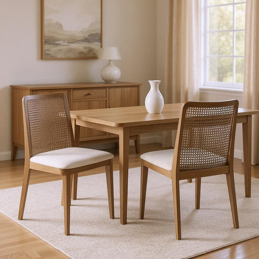 Set Of Two Cream And Brown Upholstered Fabric Cross Back Side Chairs