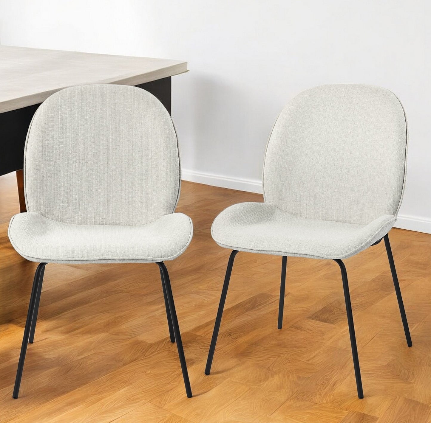 Set of Two White and Black Upholstered Fabric Dining Side Chairs