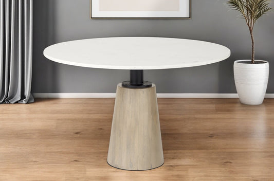 48" White And Natural Rounded Marble Pedestal Base Dining Table