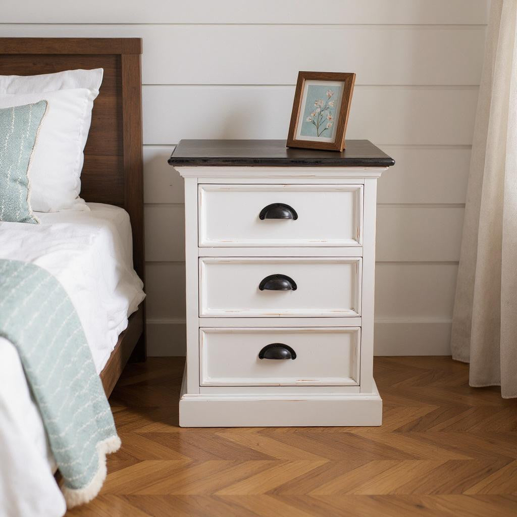 24" White and Brown Three Drawer Wood Nightstand