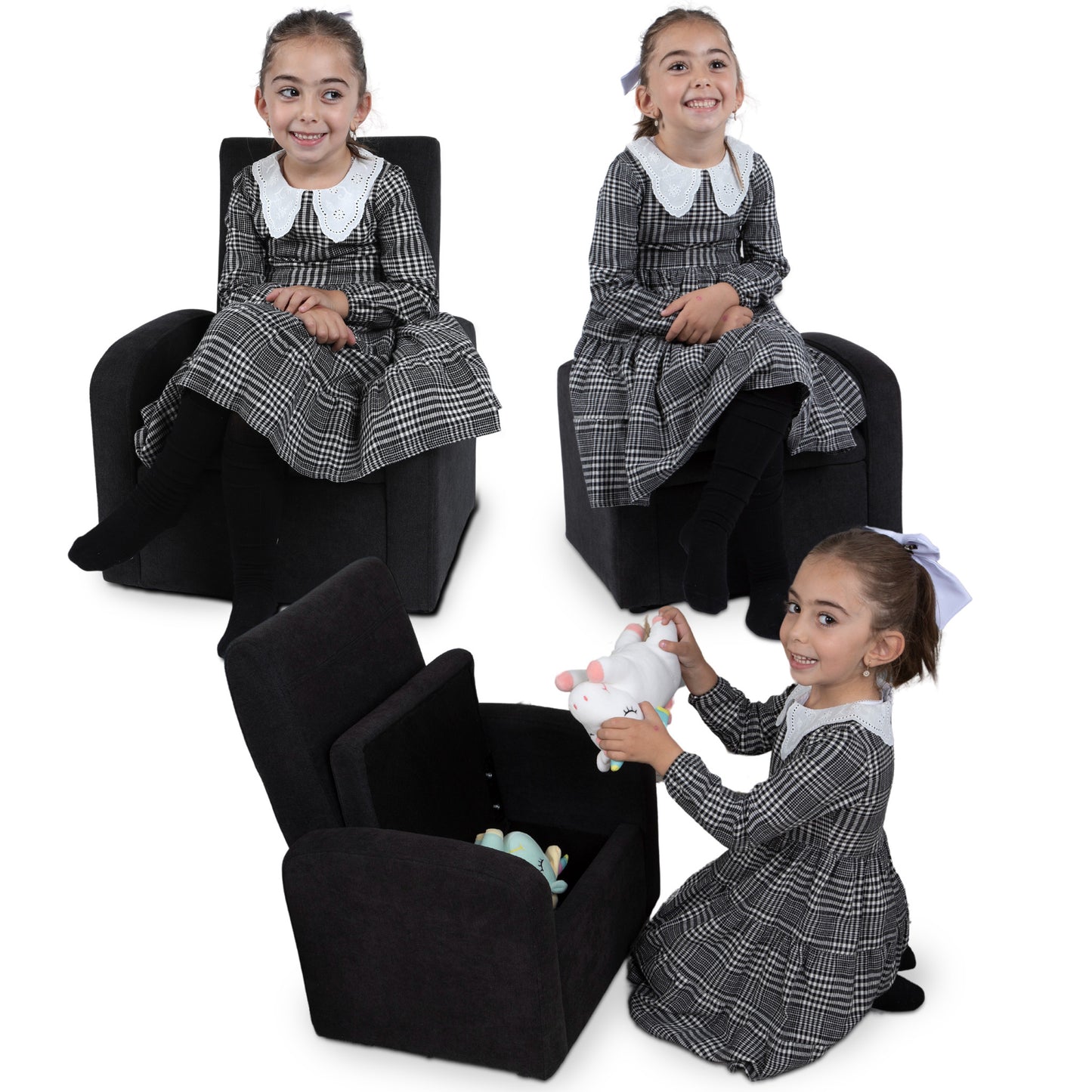 Kids Black Comfy Upholstered Recliner Chair with Storage