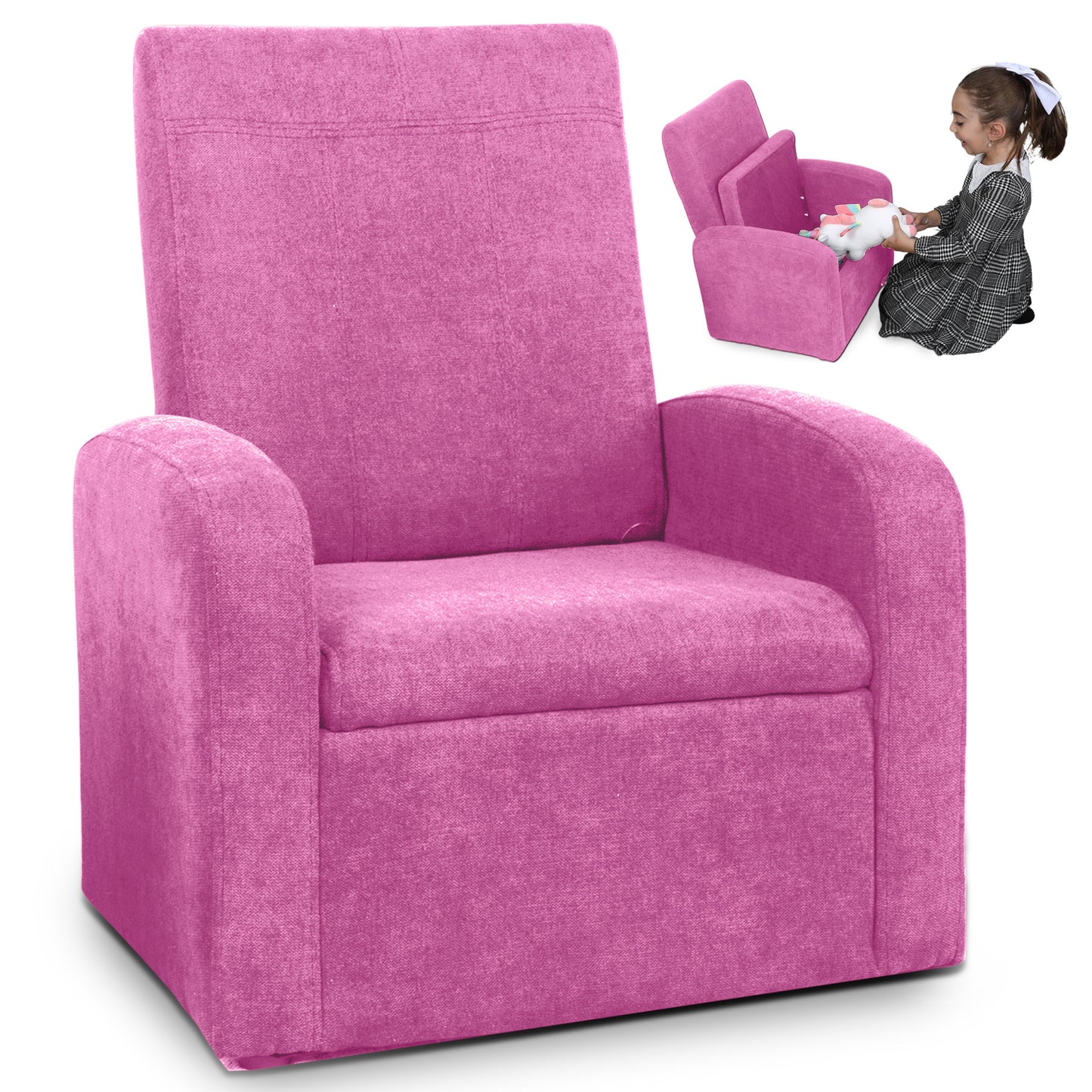 Kids Pink Comfy Upholstered Recliner Chair with Storage