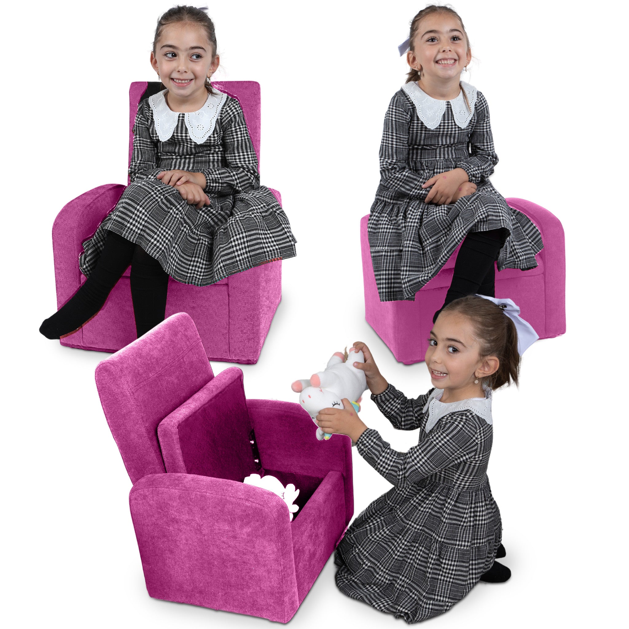 Kids Pink Comfy Upholstered Recliner Chair with Storage