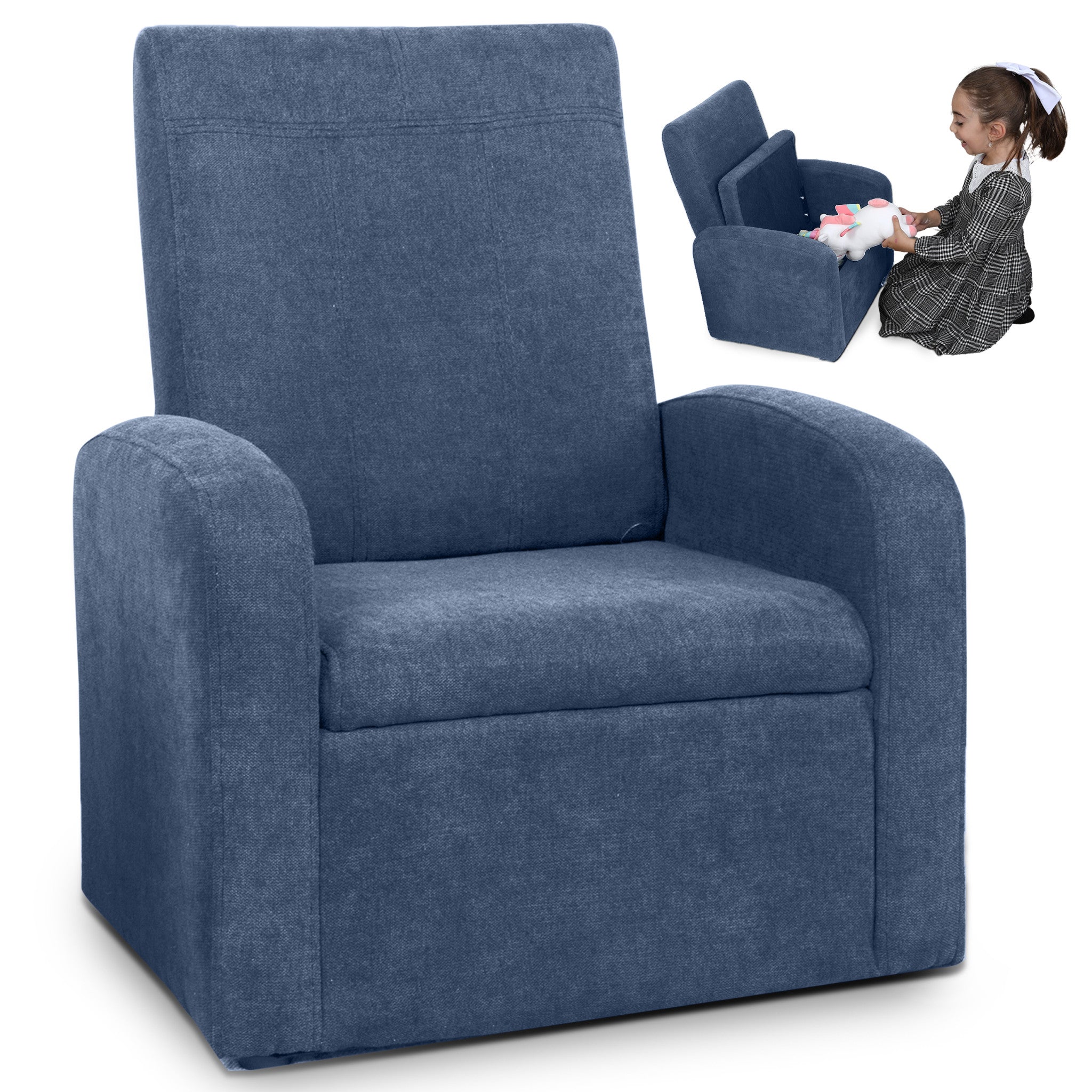 Kids Blue Comfy Upholstered Recliner Chair with Storage