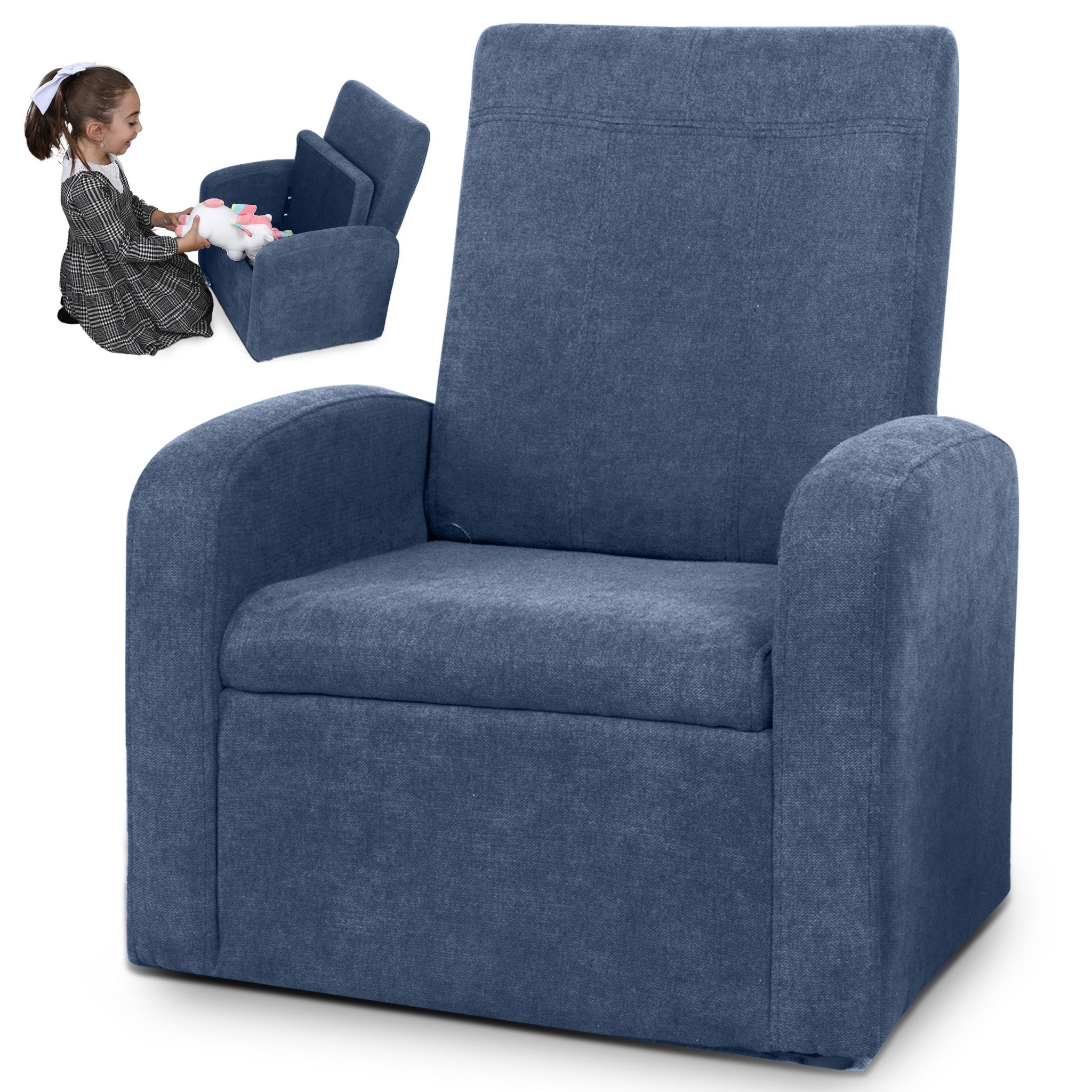 Kids Blue Comfy Upholstered Recliner Chair with Storage