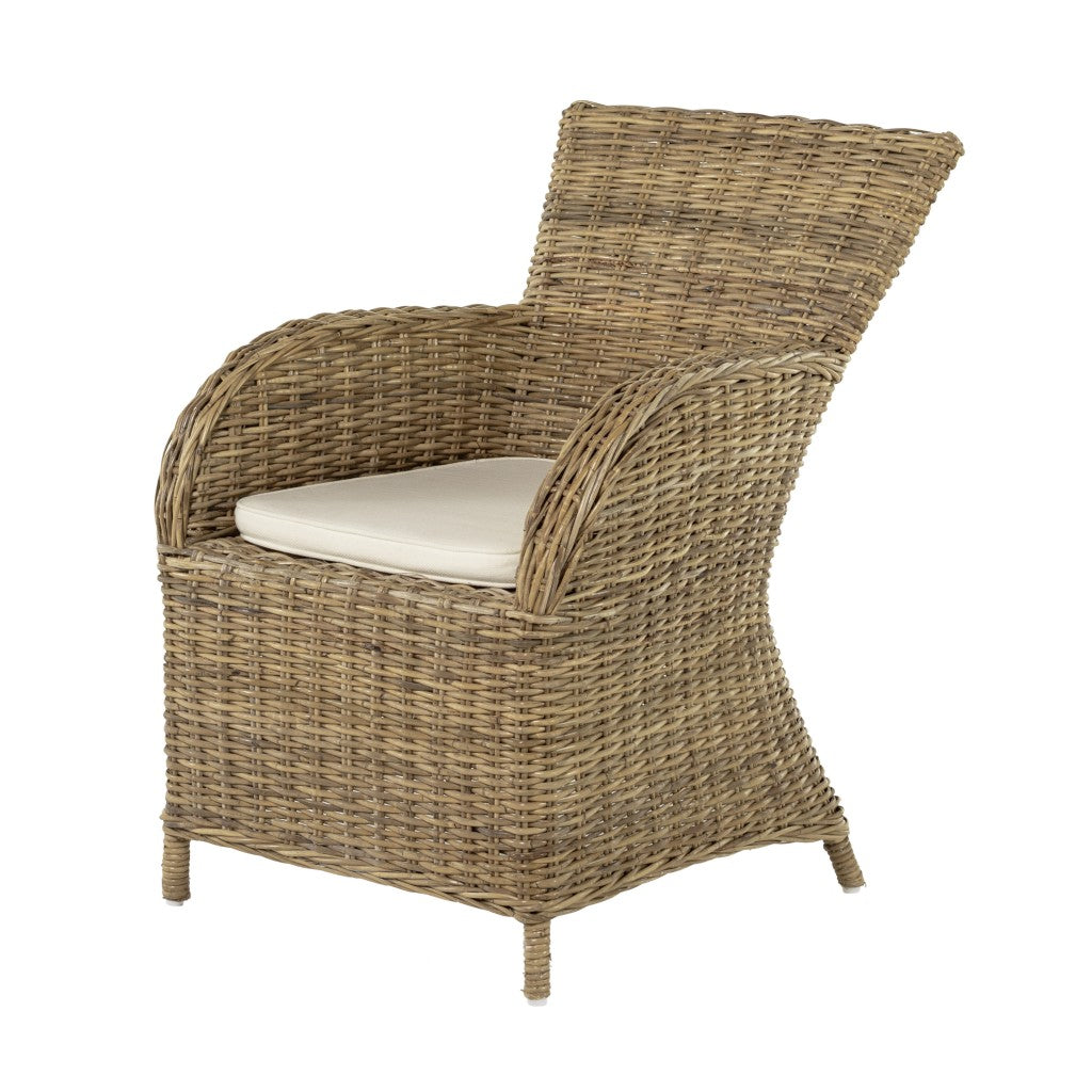 Set of Two Tan Textured Outdoor Dining Chairs with Beige Cushions