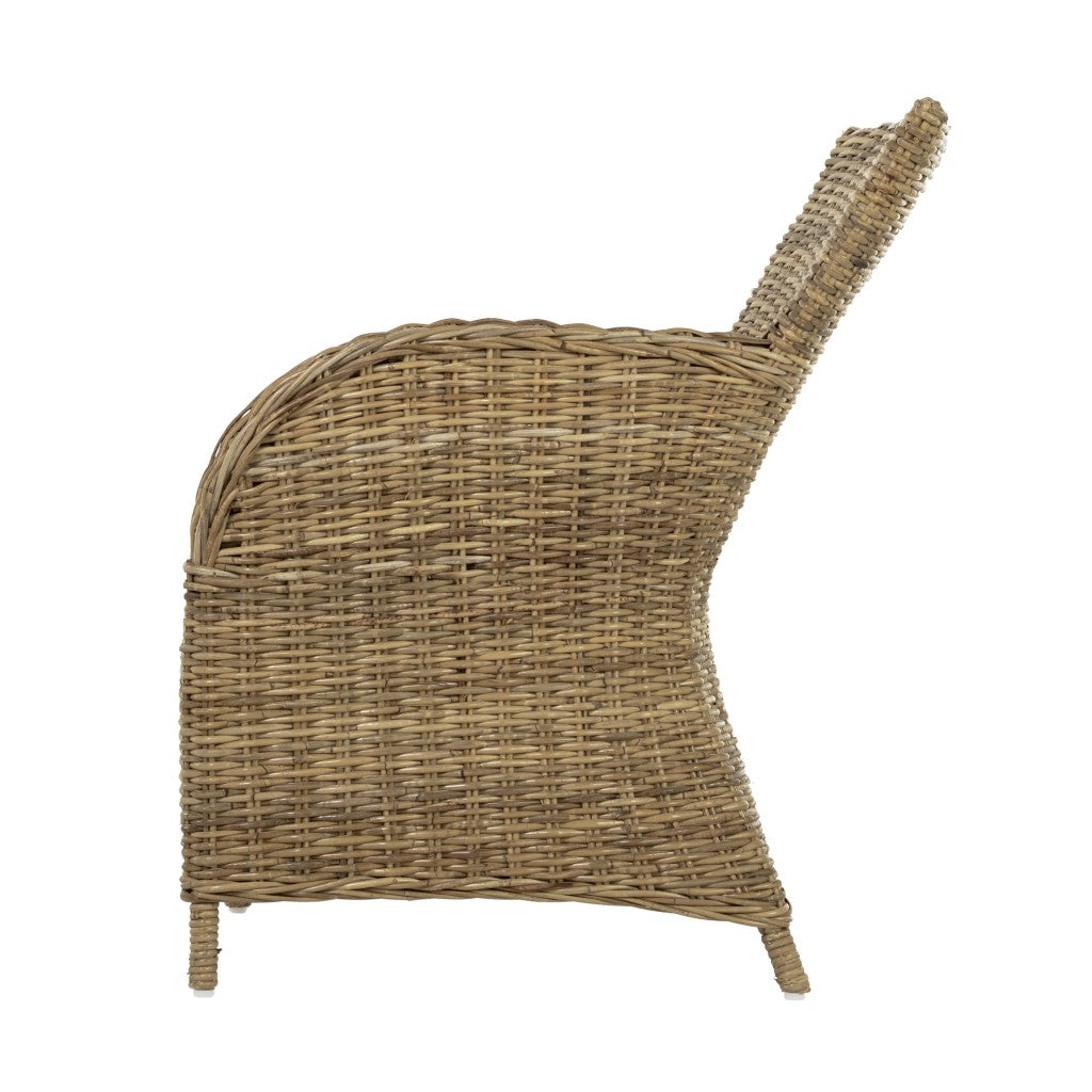 Set of Two Tan Textured Outdoor Dining Chairs with Beige Cushions