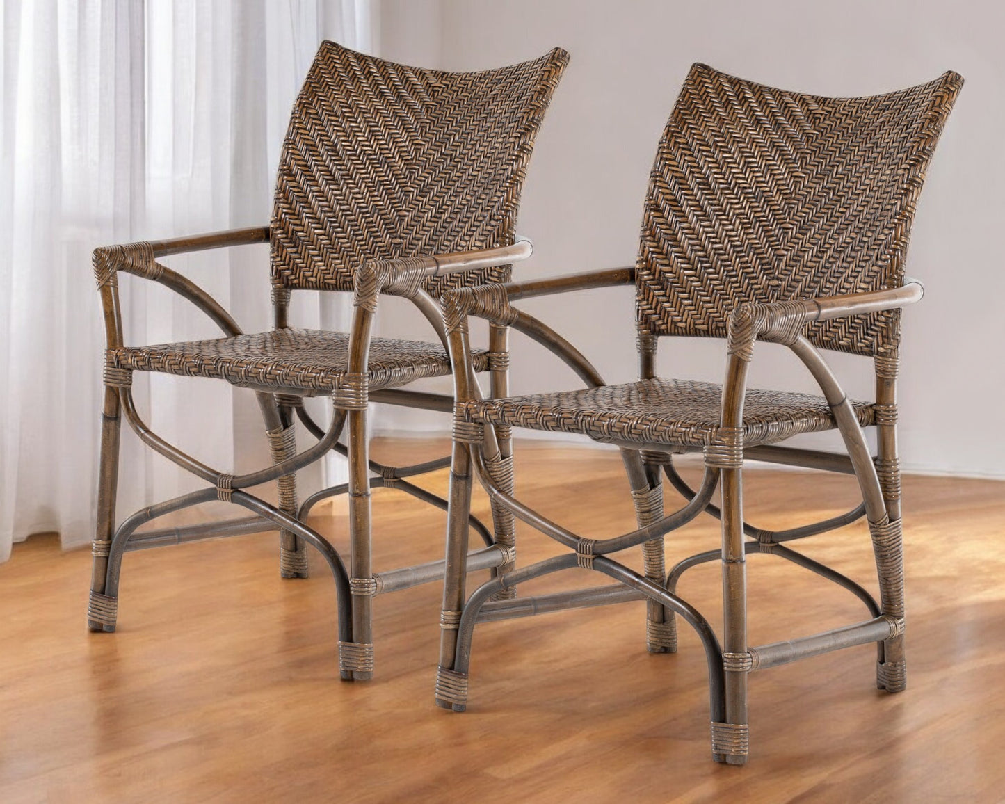 Set of Two Brown Open Back Dining Arm Chairs