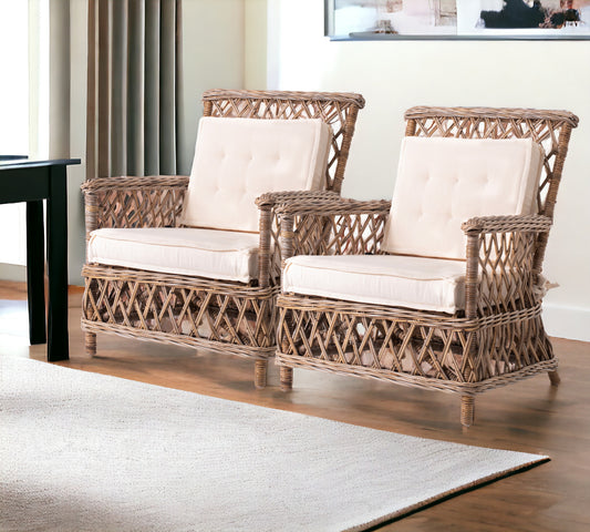 Set of Two Cream and Natural Cross Back Dining Arm Chairs