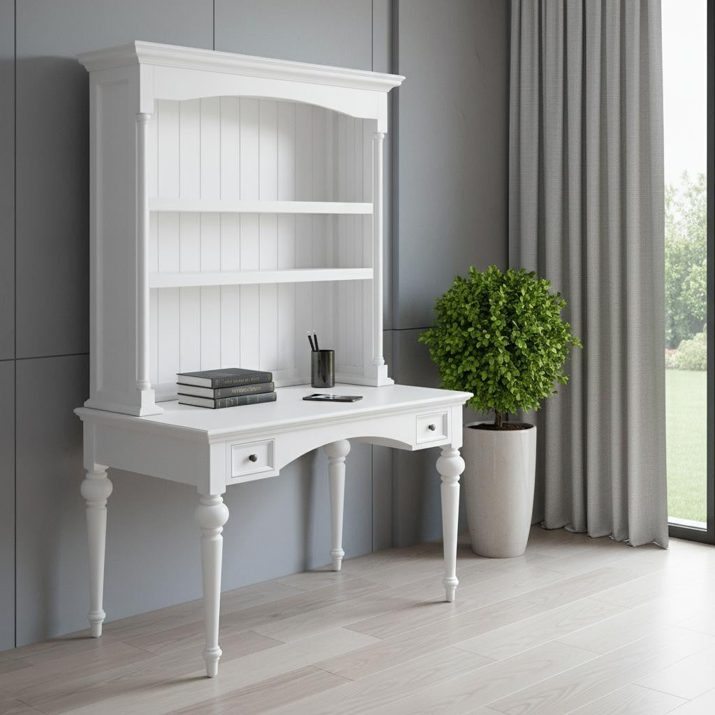 47" White Solid Wood Computer Desk With Hutch With Two Drawers