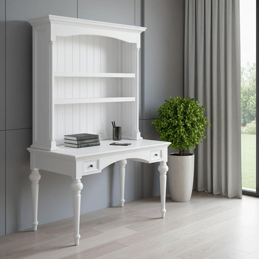 47" White Solid Wood Computer Desk With Hutch With Two Drawers