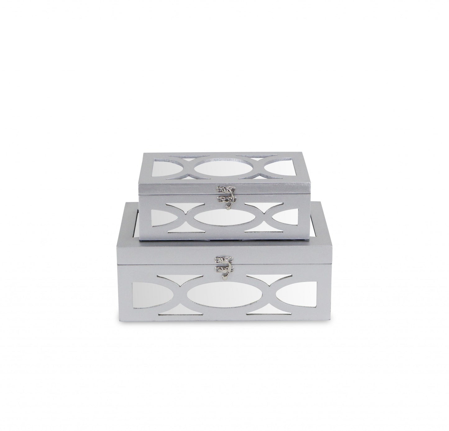 Set of Two Silver Mirrored Glass And Wood Box With Lid