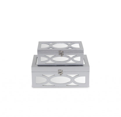 Set of Two Silver Mirrored Glass And Wood Box With Lid