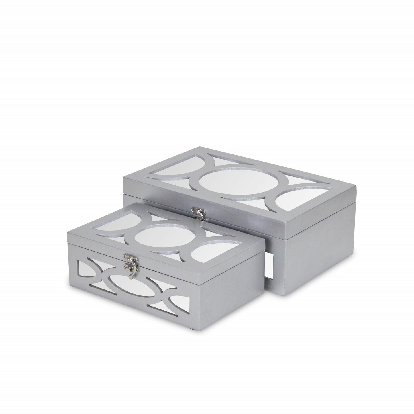 Set of Two Silver Mirrored Glass And Wood Box With Lid