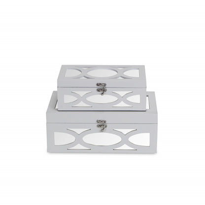 Set of Two White Mirrored Glass And Wood Box With Lid