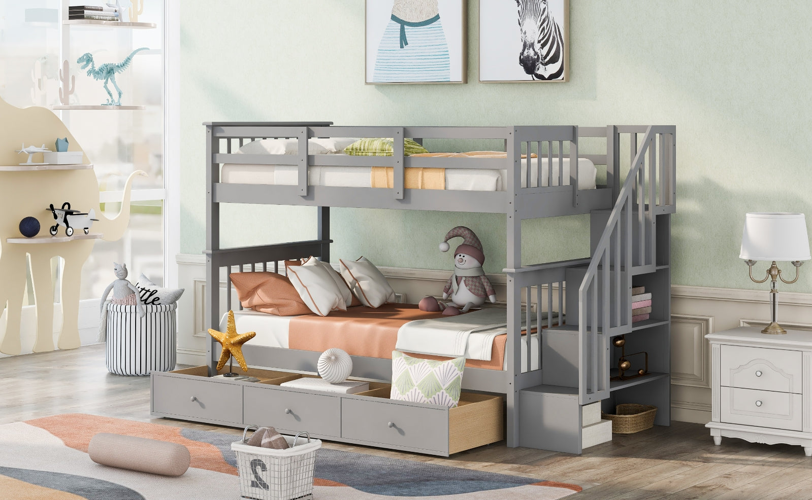 Stairway Twin-Over-Twin Bunk Bed With 3 Drawers - Gray