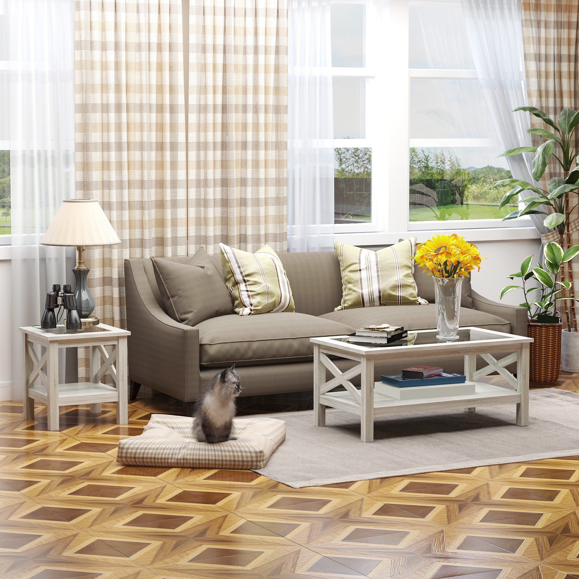 Coffee Table with Tempered Glass Tabletop, Living Room Table with Wood Frame and Underneath Storage Shelf, White Oak