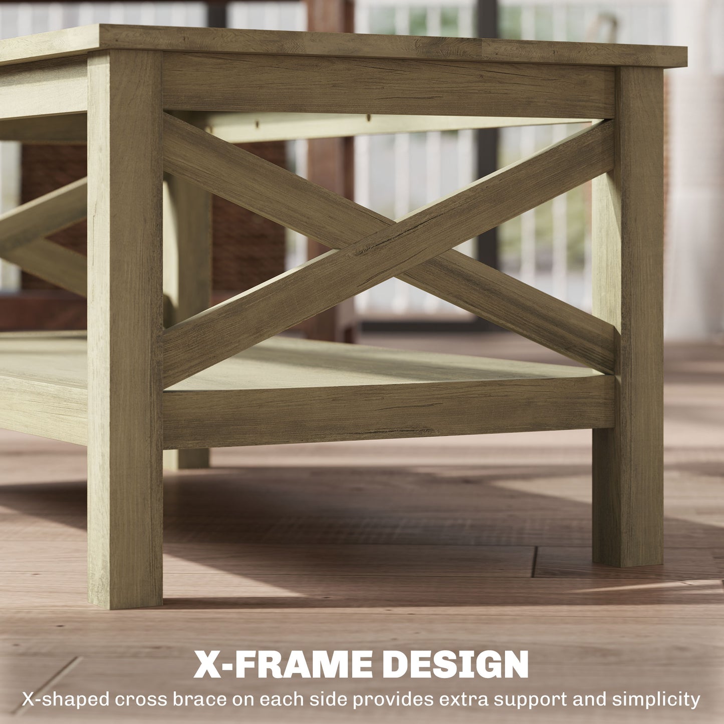 Coffee Table with Tempered Glass Tabletop, Living Room Table with Wood Frame and Underneath Storage Shelf, Gray