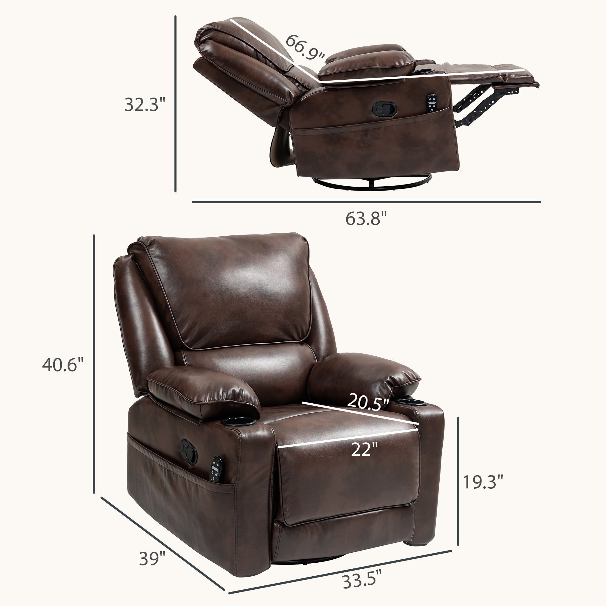 Recliner Massage Armchair with Heat Oversized Swivel Rocker with Footrest Remote and Side Pockets Brown