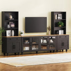 ON-TREND Farmhouse TV Stand With Solid Wood Gourd-Shaped Legs For TVs Up To 70, Entertainment Center With Bookshelves & Tempered Glass Doors, Media Console With Adjustable Shelves, Living Room, Black