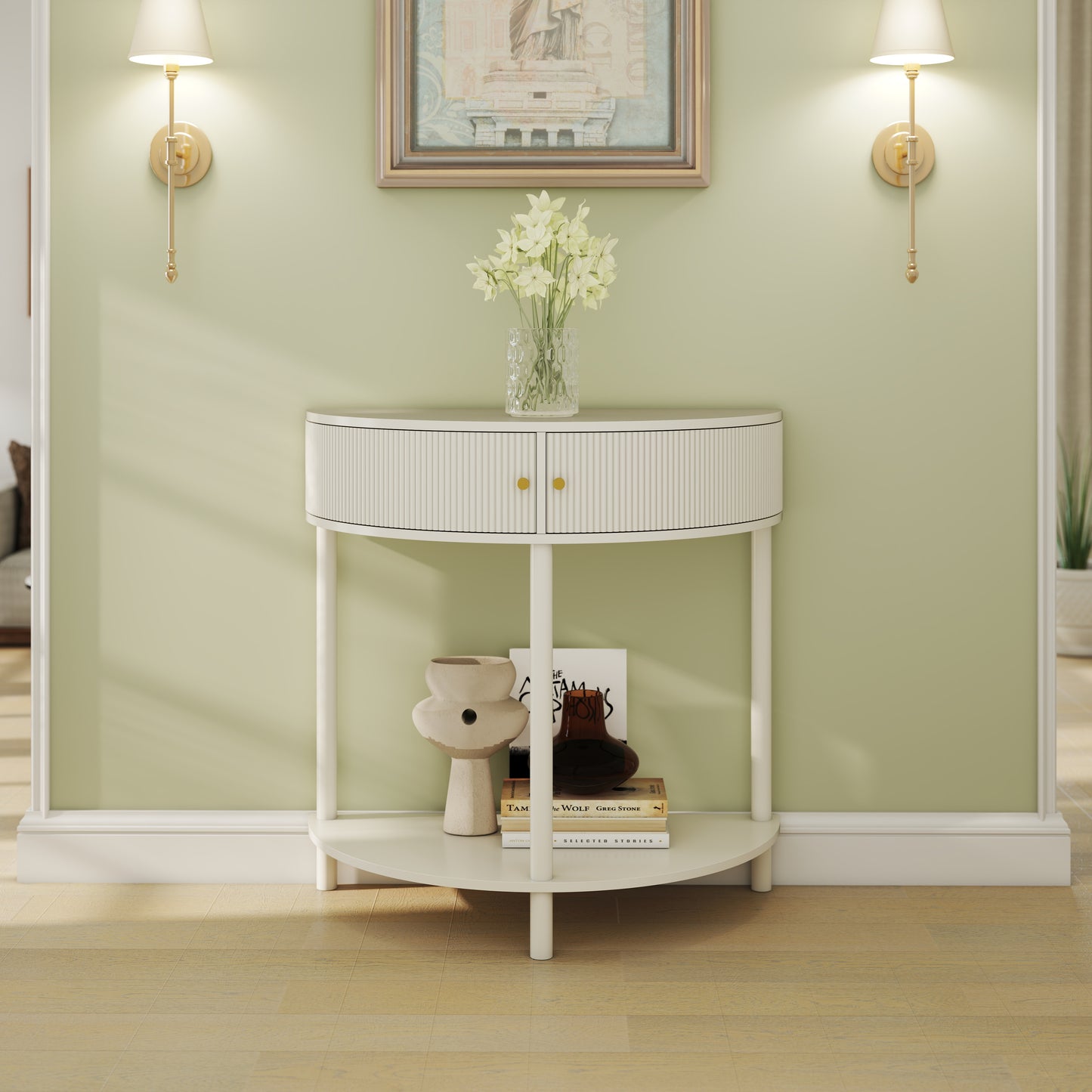 Artisan-Crafted Wave-Pattern Demi-Lune Console Table With Creamy White Finish,Unique Half Moon Design End Table With 2 Storage Drawers And Bottom Shelf For Living Room, Bedroom, Study, Hallway