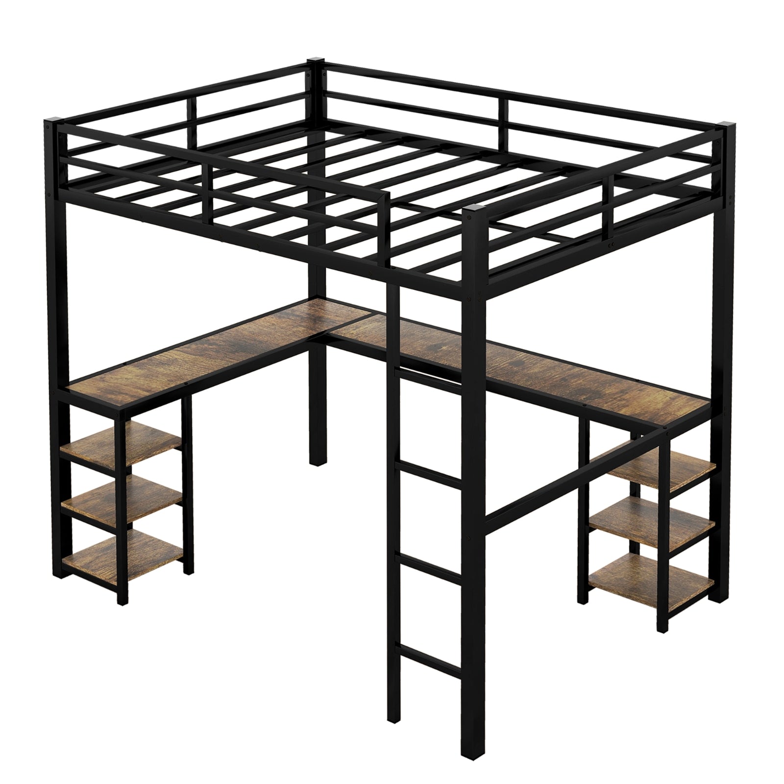 Full Metal Loft Bed With Desk And Shelves, Loft Bed With Ladder And Guardrails, Loft Bed Frame For B