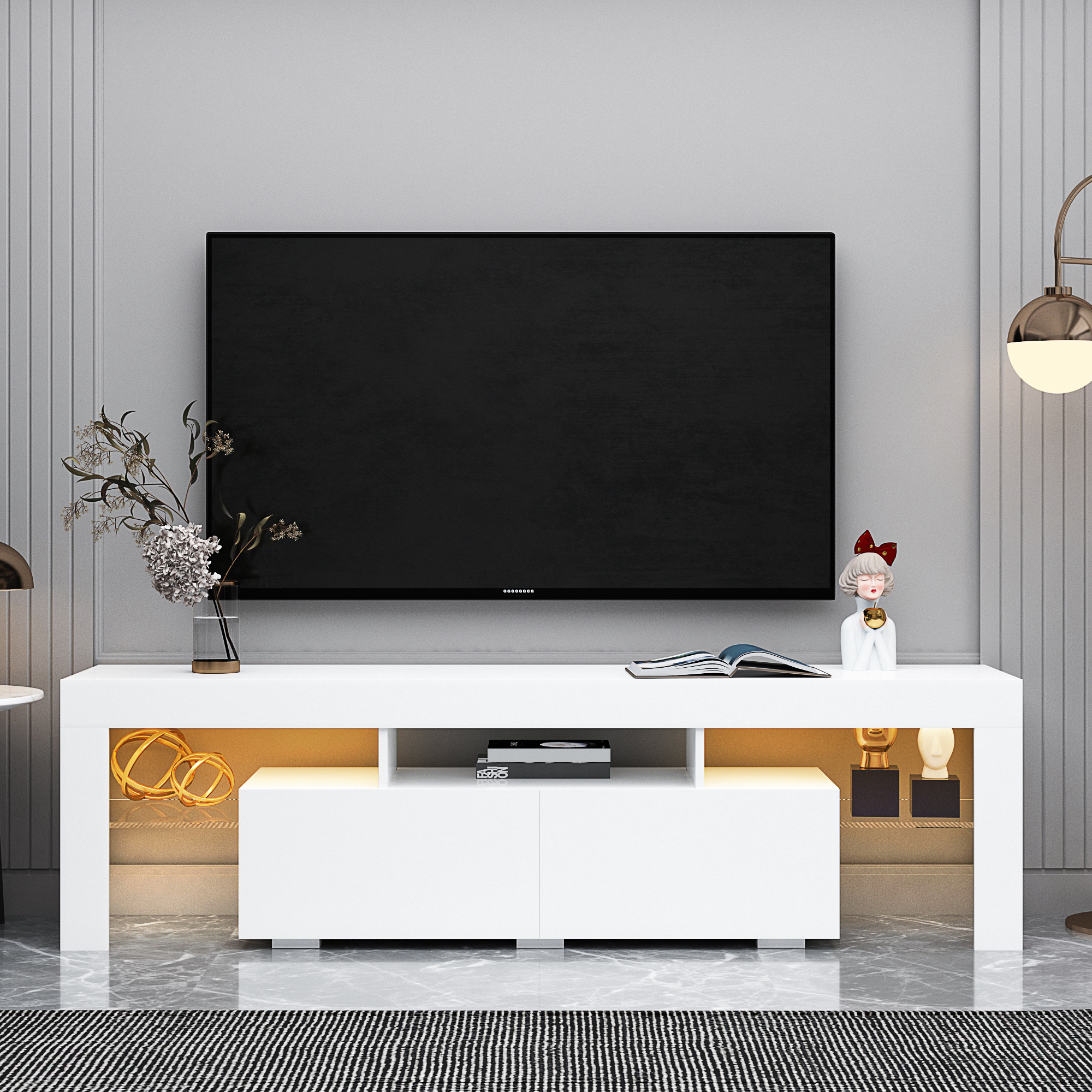 Modern White TV Stand, 20 Colors LED TV Stand W Remote Control Lights