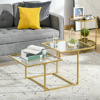 Coffee Table, Tempered Glass Coffee Table with 2 Square Tabletops, Modern Coffee Tables for Living Room, Bedroom, Gold