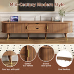 Assembly Video Wooden Oval Fluted TV Stand With Charging Station For TV Up To 80, Mid-Century Media Console With Sliding Tambour Door, Farmhouse TV Cabinet With Golden Handle For Living Room, Walnut