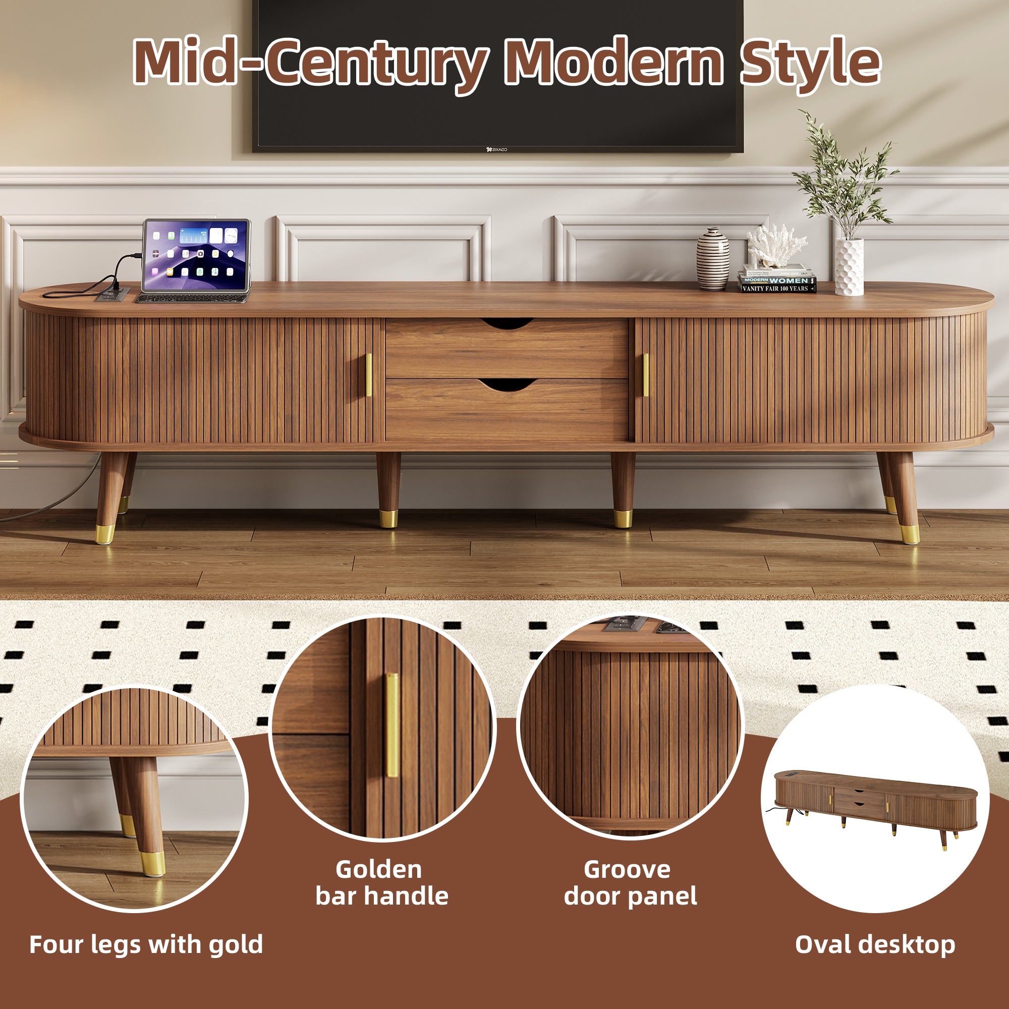 Assembly Video Wooden Oval Fluted TV Stand With Charging Station For TV Up To 80, Mid-Century Media Console With Sliding Tambour Door, Farmhouse TV Cabinet With Golden Handle For Living Room, Walnut