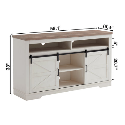 Farmhouse TV Stand For 65  Inch TV, 33 Tall Highboy Entertainment Center W Sliding Barn Door, Rustic Media Console W Storage Shelves, Wood Television Stand For Living Room, Antique White