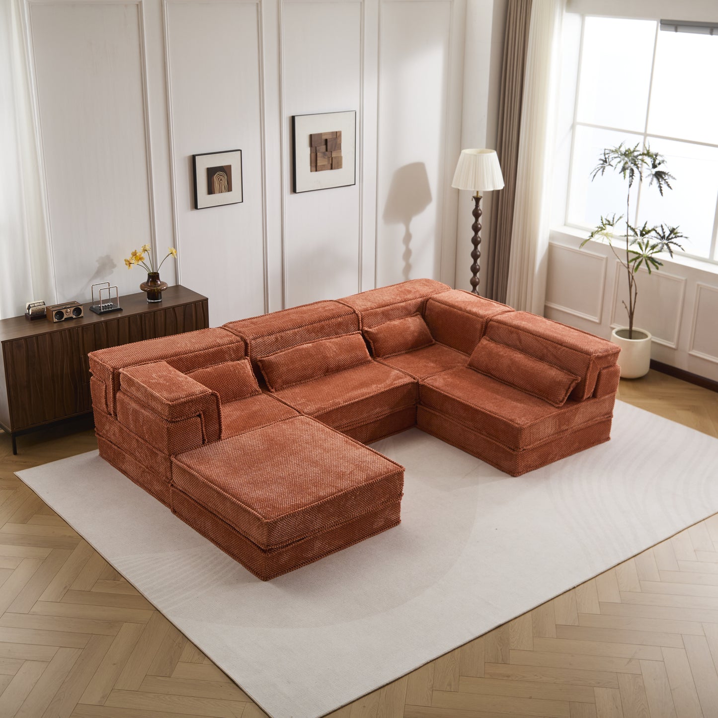 Compression Mahjong Sofa,Convertible Floor Sofa Bed,DIY Boneless Modular Sectional Sofa,No Assembly Required,Circle Fleece Fabric,Oversized 4 Seater With 1 Ottoman,Orange