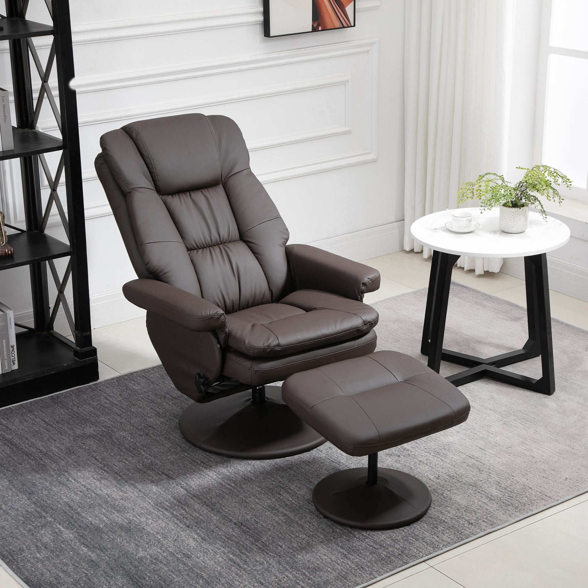 PU Leather Recliner Chair with Ottoman, Swivel Recliner and Ottoman with Round Wrapped Base for Living Room, Brown